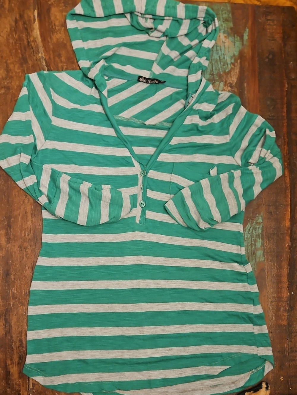 Ella Moss Teal and White Striped Hooded Henley